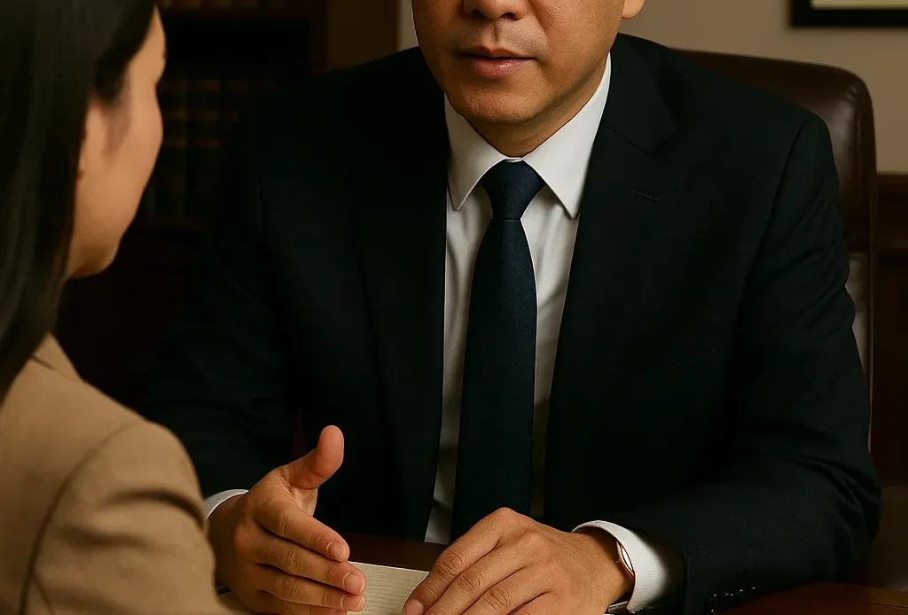 보이스피싱 피해를 상담 중인 중년 남성 변호사와 여성 의뢰인, 법률 자문과 피해 회복 방안을 논의하는 장면