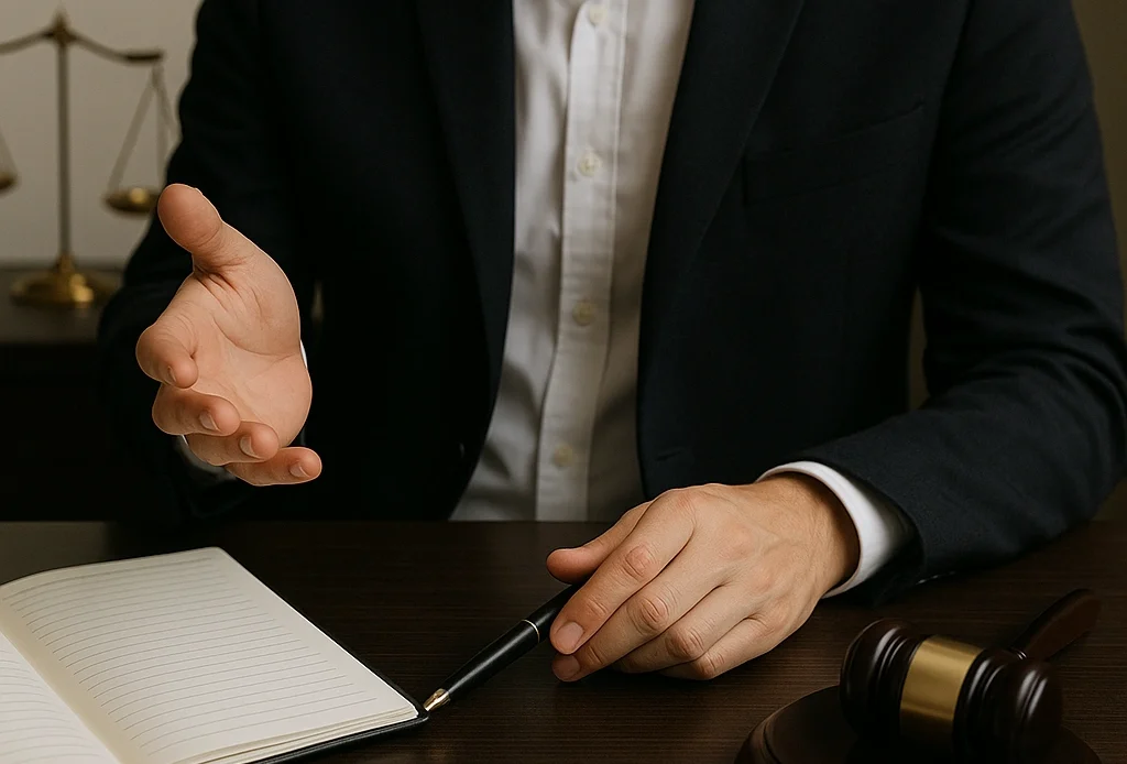 변호사가 고객과 법률 상담을 진행하는 모습. 책상 위에는 메모장, 펜, 판결봉이 놓여 있으며, 배경에는 정의를 상징하는 저울이 보인다.